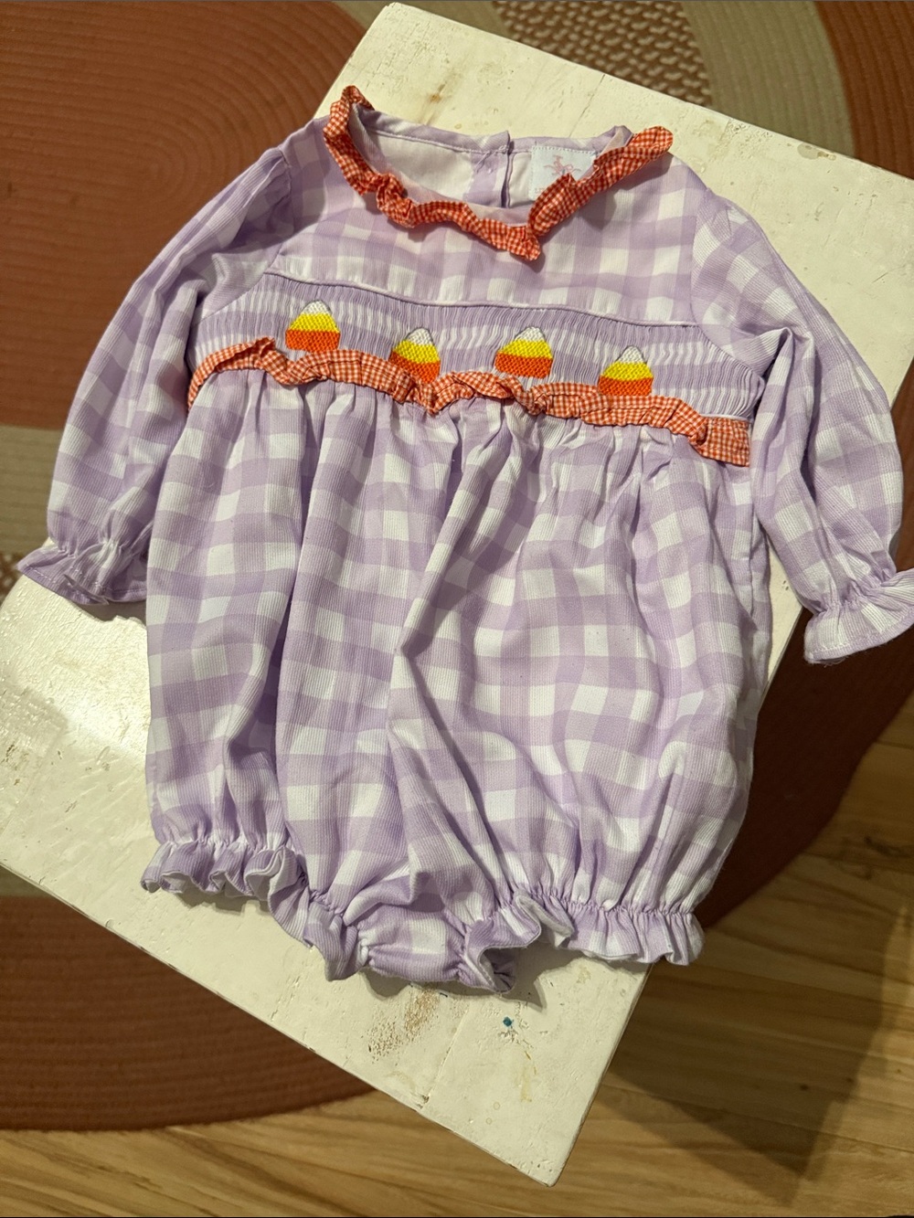 Lavender Gingham One-Piece with Orange Trim and Candy Corn Smocking